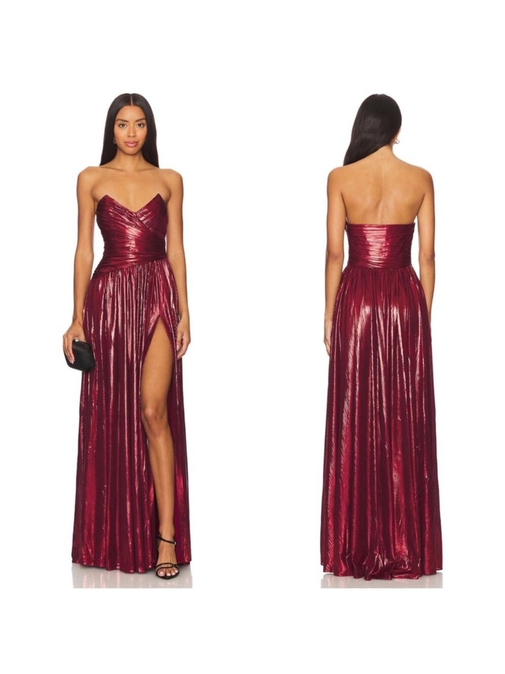 RETROFETE Waldorf Strapless Pleated Metallic Lame Port Red Maxi Dress Sz Small